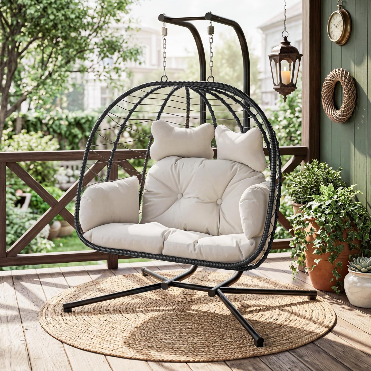 Bifanuo Double Hanging Egg Chair with Stand, Outdoor Indoor Swing Chair with Removable Cushion for 2 Person, Heavy Duty 700LBS Capacity for Patio, Bedroom, Garden (Black-Beige)